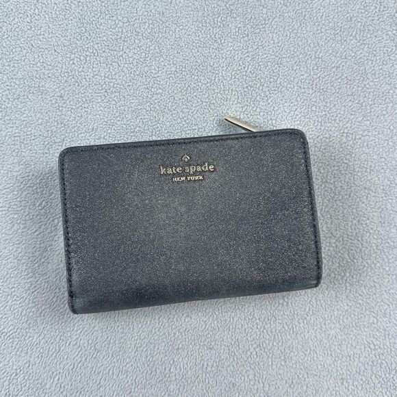 Kate Spade Wallet Womens Small Black Glitter Bifold Zip Coin ID Window Snap Tab - Picture 1 of 9